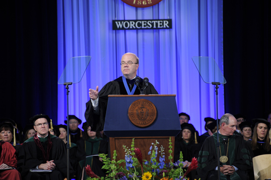 U.S. Rep. James P. McGovern, who received a Chancellor’s Medal and delivered the Commencement address, called for more National Institutes of Health funding to sustain medical research advances.