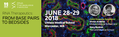 Banner promoting the RNA Therapeutics Institute’s inaugural conference and symposium, “RNA Therapeutics: From Base Pairs to Bedside.”