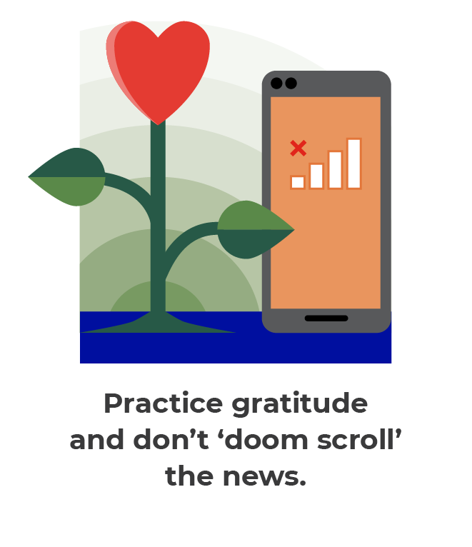 Illustration for practicing gratitude and savoring the good in life, while dialing down negative inputs such as “doom scrolling” the news, can help rewire the mind to incline more toward the positive.