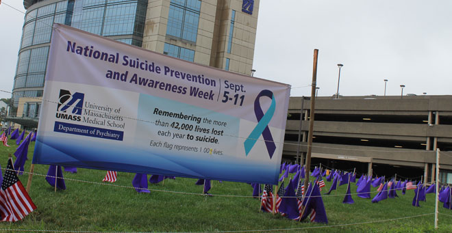 Four hundred flags representing the more than 40,000 deaths from suicide annually in the United States were raised at UMass Medical School.