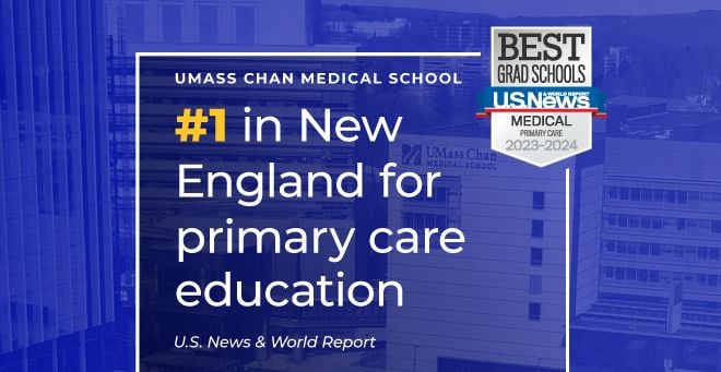 U.S. News badge with text that says #1 in New England for primary care education