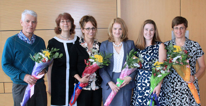 Women’s Faculty Committee co-chair and award presenter Tatyana Shteinlukht, MD, PhD (second from left), with (from far left) Tryggve Fossum accepting on behalf of his wife, award-winner Lynn Li, MD; and award-winners Sherry Pagoto, PhD; Nancy Byatt, DO; Stephanie Carreiro, MD; and Rachel Gerstein, PhD 