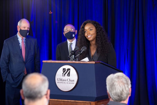 UMass board trustee Chioma Okwara, MD’17, cited her own experience as a student at UMass Chan Medical School in recognizing the value of the university and the importance of the gift.