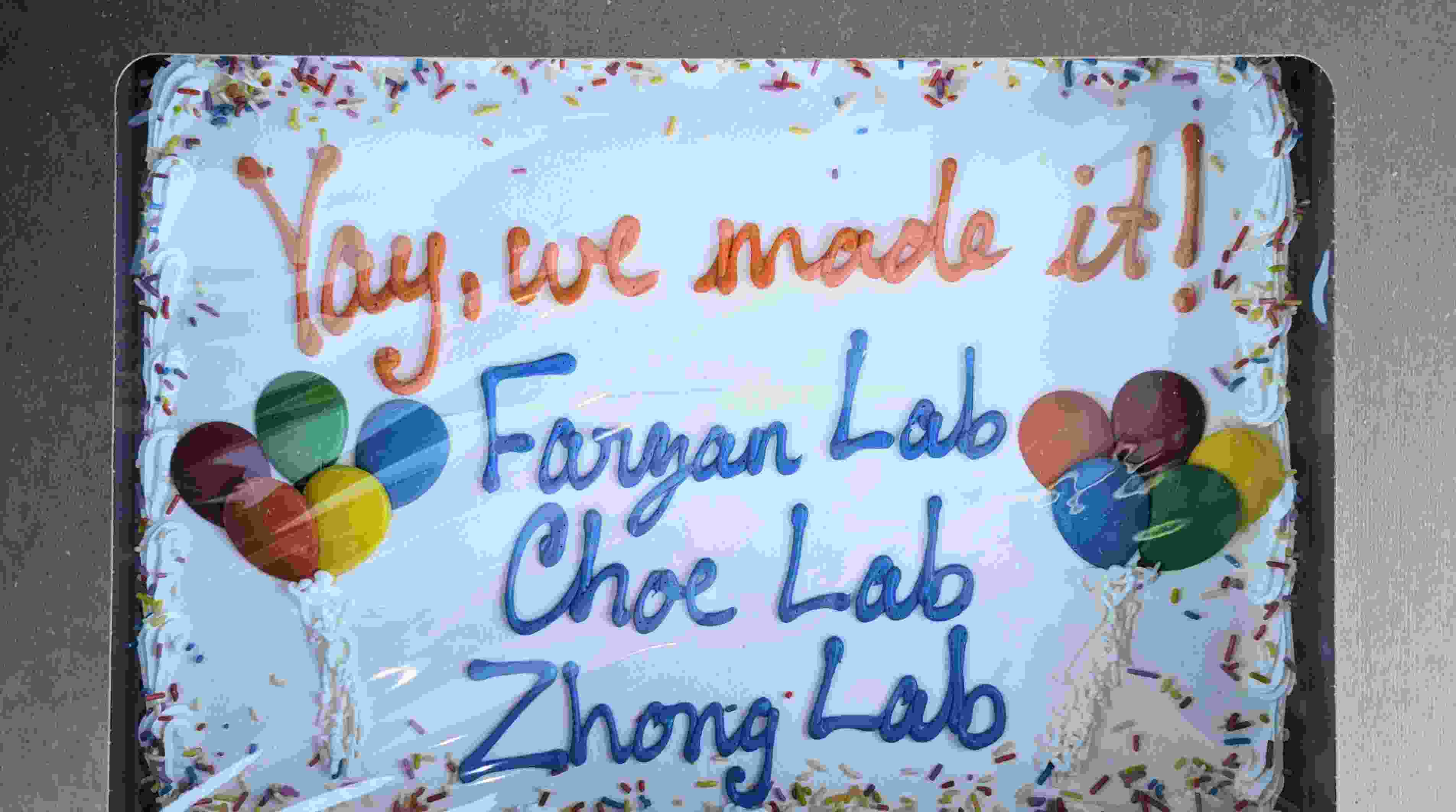 A big cake with the words "Yay, we made it. Farzan Lab, Choe Lab, Zhong Lab" on it.