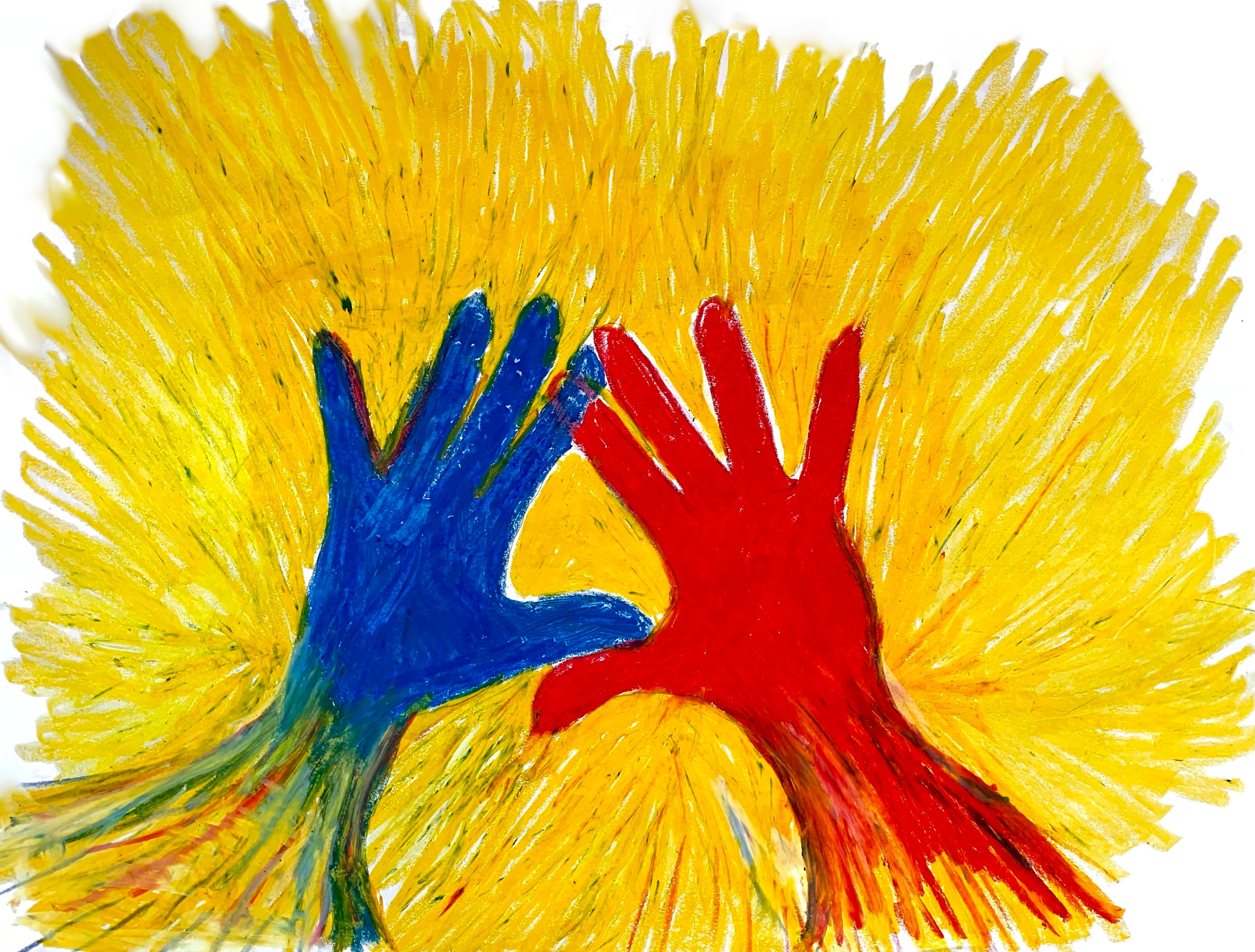 painting of 2 hands one red and one blue