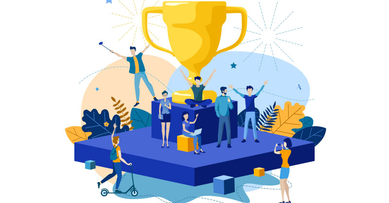cartoon of people celebrating with a large gold award