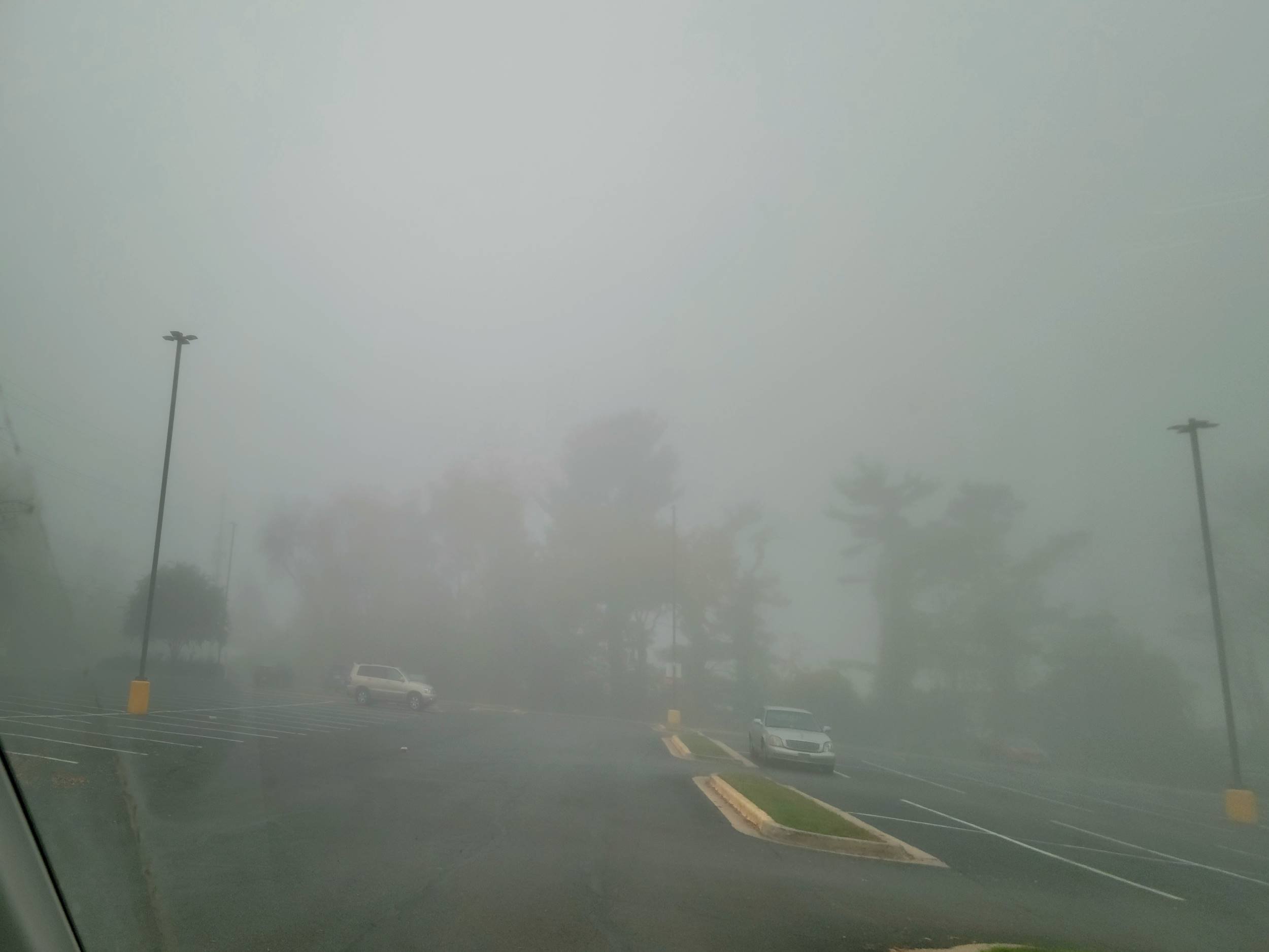 A foggy almost empty parking lot with trees in the background 