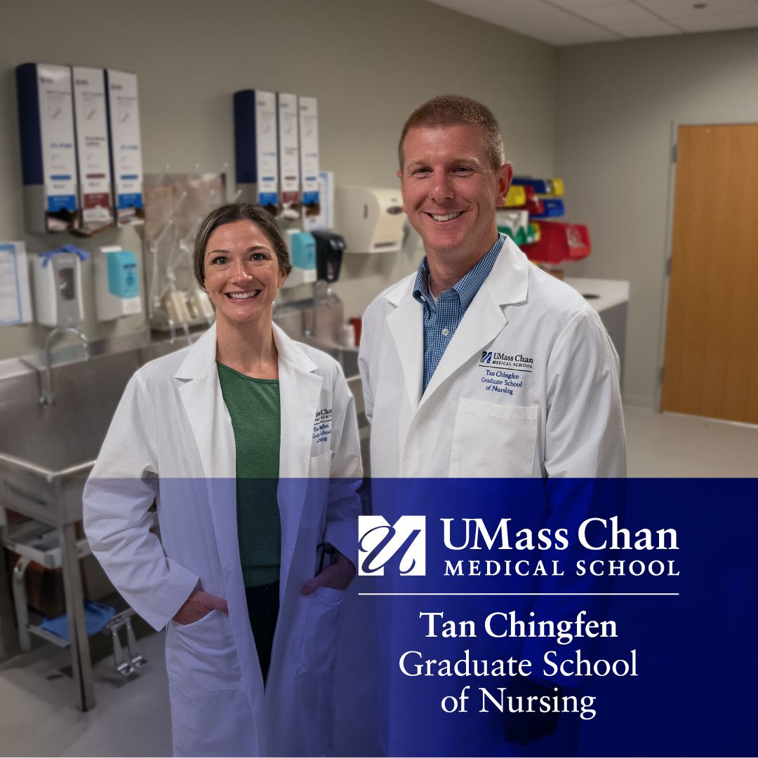 Alex Menard, DNP, AGACNP-BC, coordinator of the Adult-Gerontology Acute Care Nurse Practitioner Track, with Kaitlin Cormier, DNP’23, in the simulation center