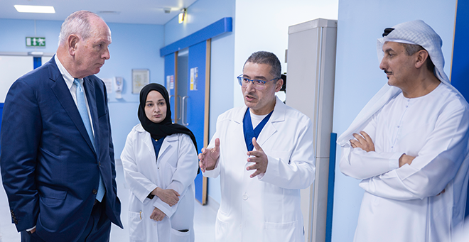 UMass Chan Medical School Chancellor Michael F. Collins touring a medical facilty in Dubai.