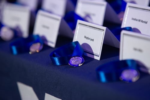 Blue nursing pins lined up on a table